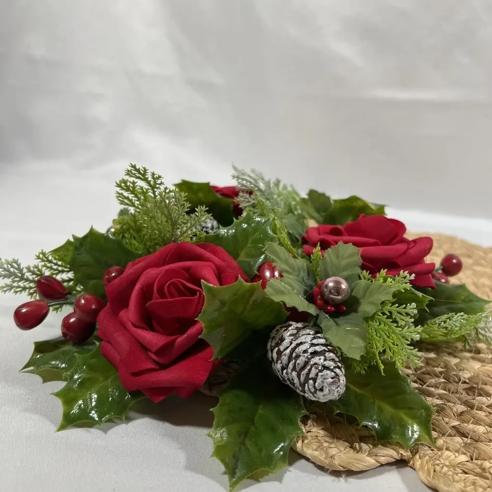 Vintage Candle Ring Wreath MCM Mid Century Mercury Glass Red Roses Berries Holly